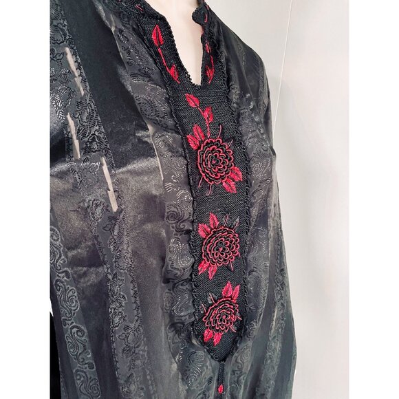 Vintage Witch Robe, Black Maxi Dress: Embroidered Red Roses, Gothic Style - Picture 3 of 10